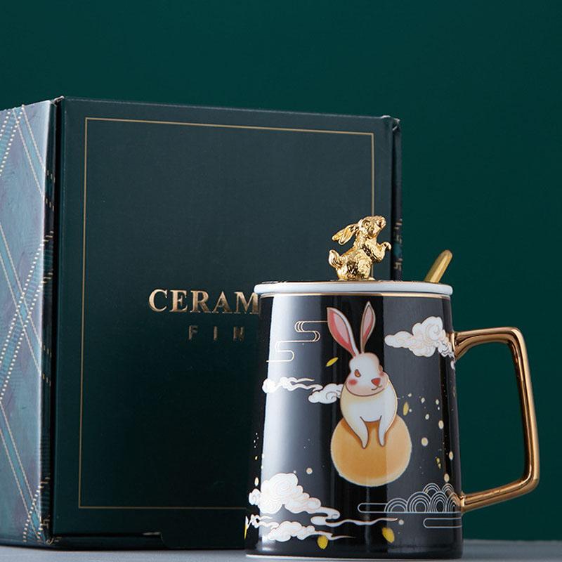 430ml Chinesischer Stil Kaninchen Kaffeetasse Mit Geschenkbox Keramik Tiere Tasse Mit Löffel Und Deckel Jubiläum Weihnachten Geburtstag Geschenk