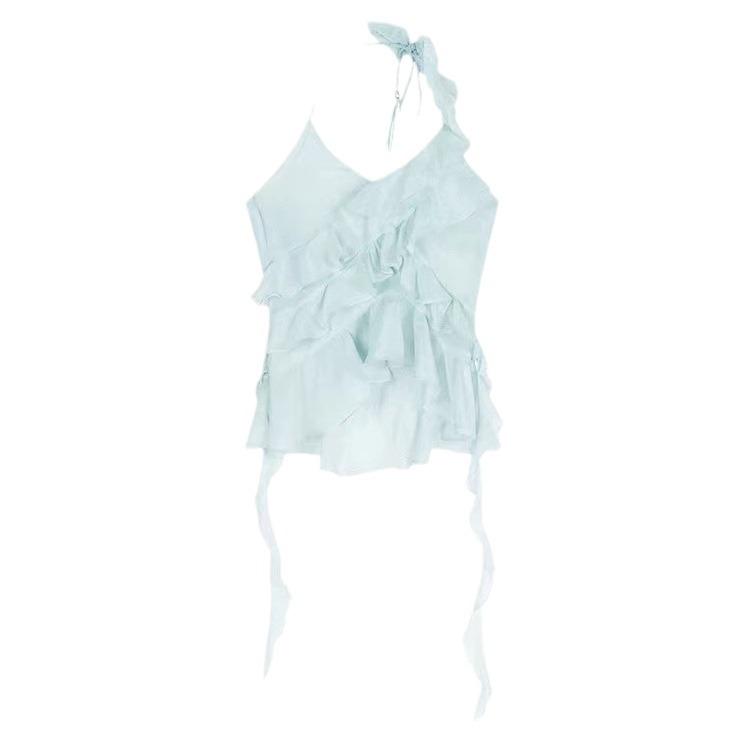 Lotus leaf edge slim and thin, backless neck sling, small vest, summer irregular pure desire wind sleeveless sexy top