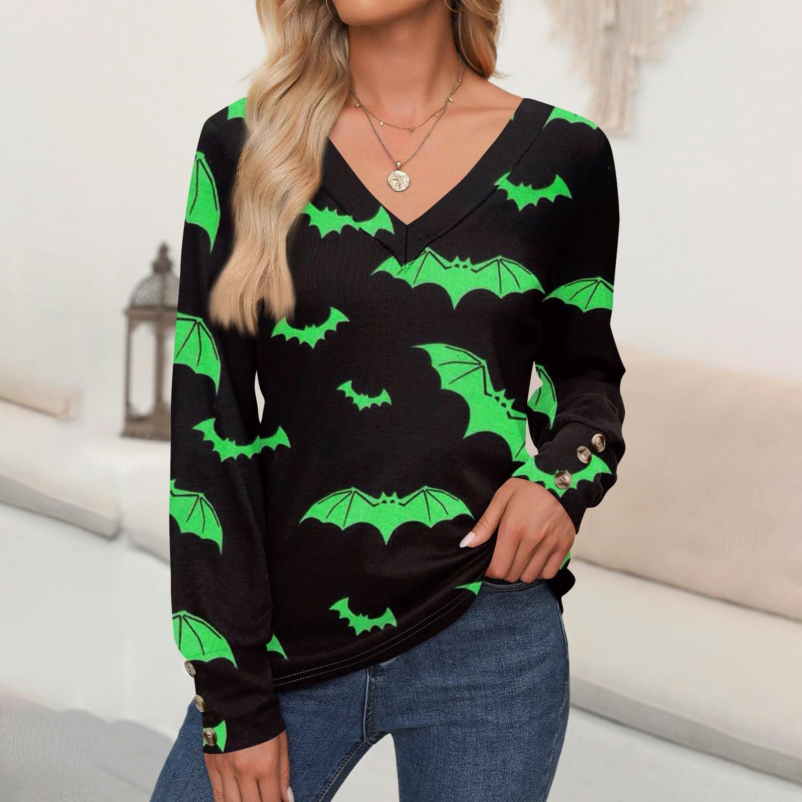 

Женские топы с принтом на Хэллоуин, рубашка с длинным рукавом, V-образный вырез, повседневная свободная футболка, осенняя одежда M винный