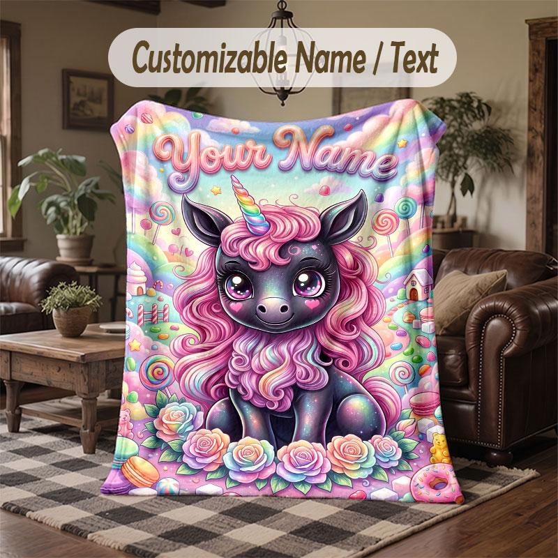 Einhorn-Thema Decke mit individuellem Namen und Text Personalisierte Decke Weiche Gemütliche Decke für Zuhause Sofa Bett