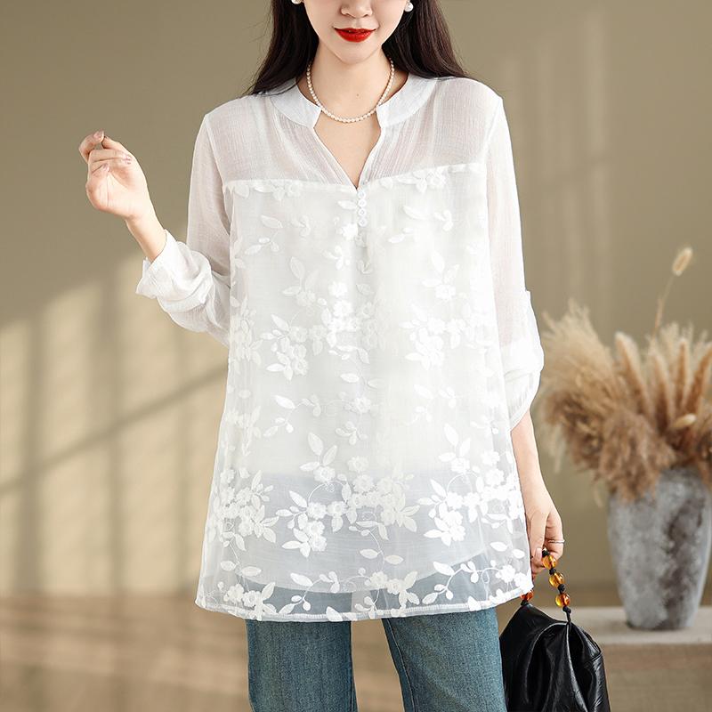 DIMANAF 2025 Summer Plus Size Short Sleeve Lace T-Shirt Floral Women Solid Loose White Tops Tees