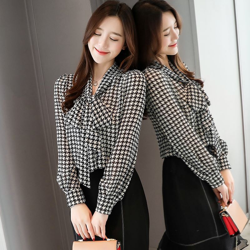 

Spring and Autumn New Women s Clothing Fat Sister Large Size Bow Lace Chiffon Shirt 200kg Houndstooth Plaid Shirt Long Sleeve 5XL