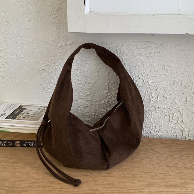 IELGY Suede Semicircle Underarm Bag Suede Retro Simple Casual Pleated Handbag