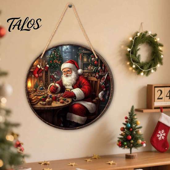 Rustic Christmas Wall Decor Wooden Round Hanging Sign, Santa Claus Highland Cow Winter Theme Farmhouse Holiday Art Door Decor, Welcome Ornament