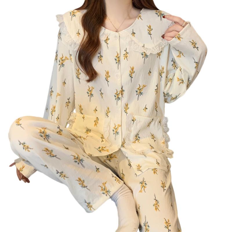 Romantic Flower Spring Cloud Cotton Long Sleeve Pajamas Women'S Doll Collar Set Comfortable Loungewear