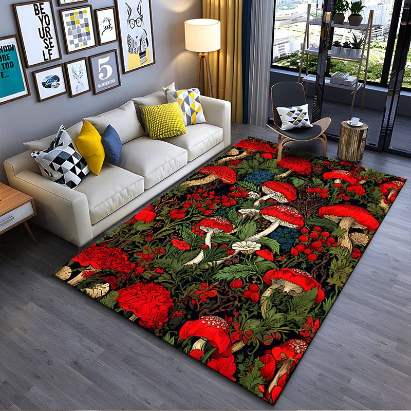 Red Mushroom and Floral Pattern suitable as a non-slip mat for the living room or bedroom sofa