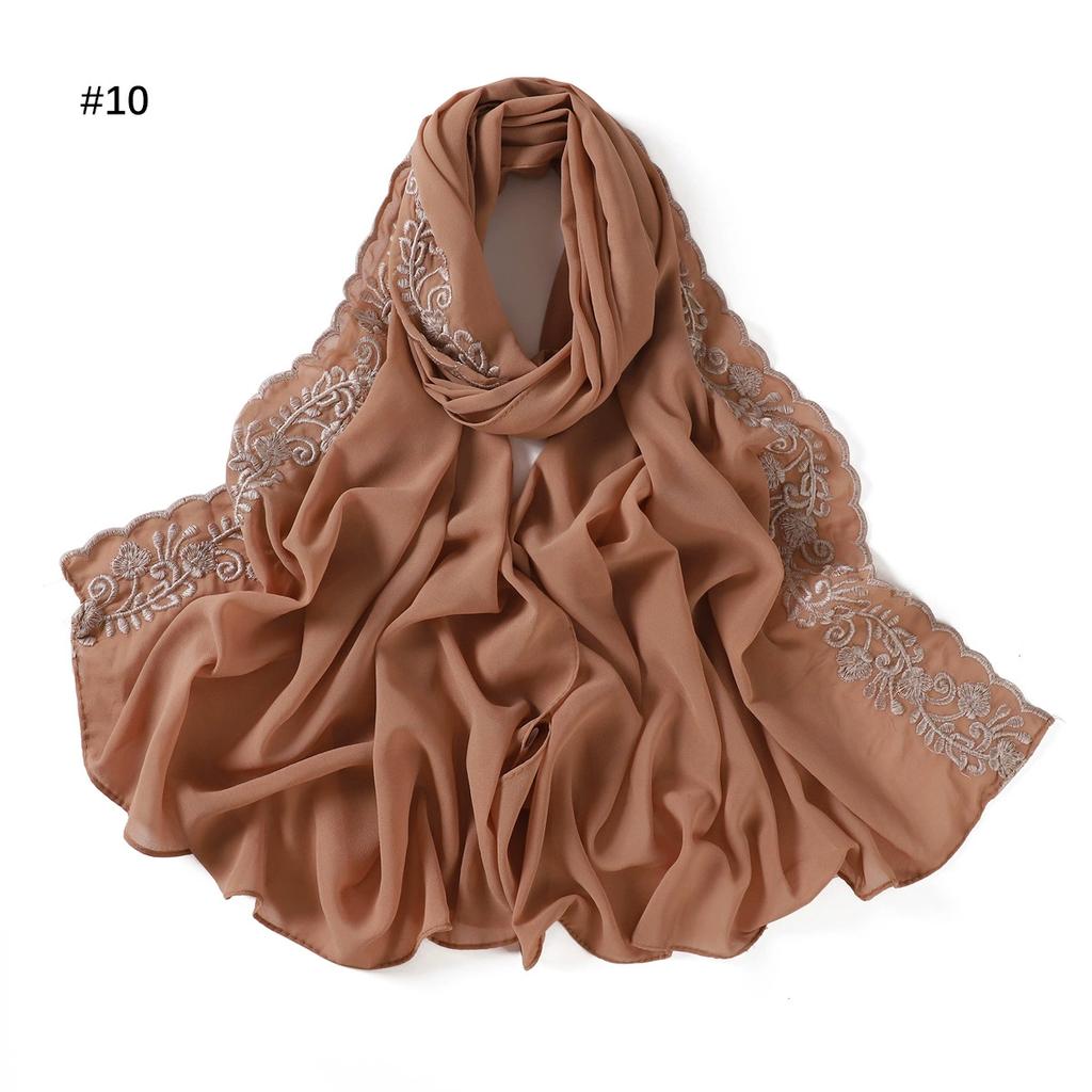 Embroidery Lace Chiffon Hijabs For Women Vine Heavy Pearl Industry Edge Long Scarf Light Scarf Headscarf Shawl Turban Ramadan