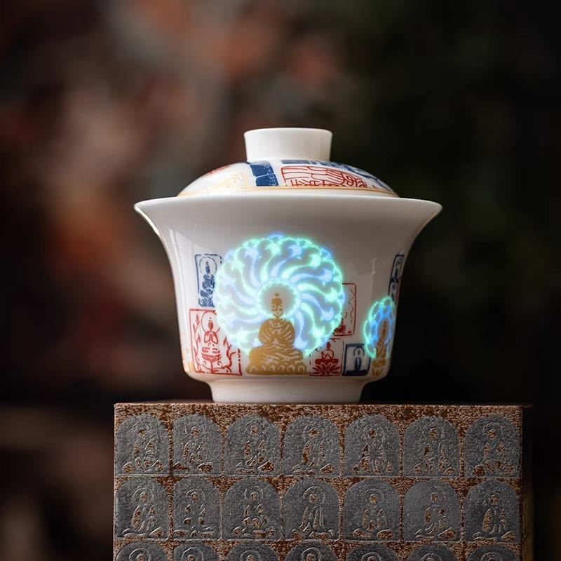 

Dunhuang Glowing Face less Buddha Tea Set Creative Light Up Ceramic Cover Bowl for Gongfu Tea Ceremony Home Use Gift