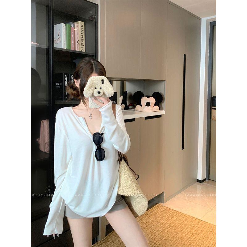 Kumikumi Idle Style Design Single-Breasted Long sleeves Shirt Women Early Autumn Loose All-Match Solid Slimming Top