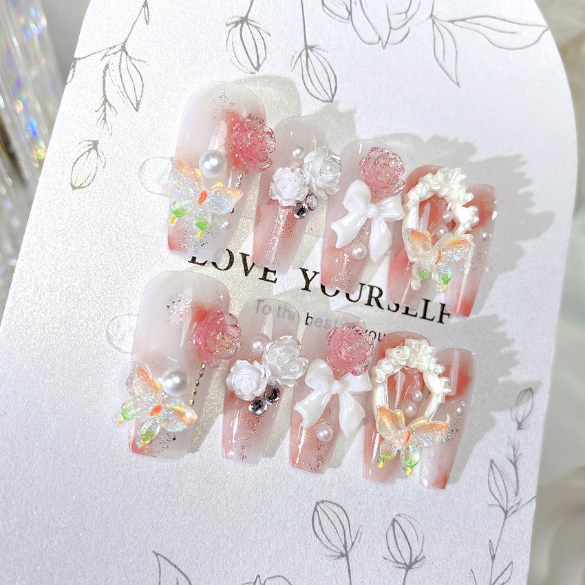 2024 New 24Pcs One Box Wearable Press On Fake Nails Butterfly Pearl Bowknot Flower Fashion Wear Nail Wedding Party Nail Patch