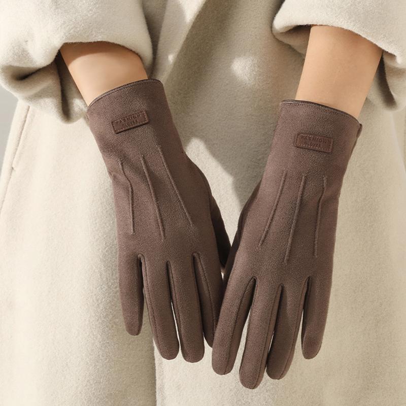 Autumn Winter Thin Not Bloated Suede Stripe Women's Gloves Keep Warm Touch Screen Elasticity Fashion Elegant Outdoor Cycling