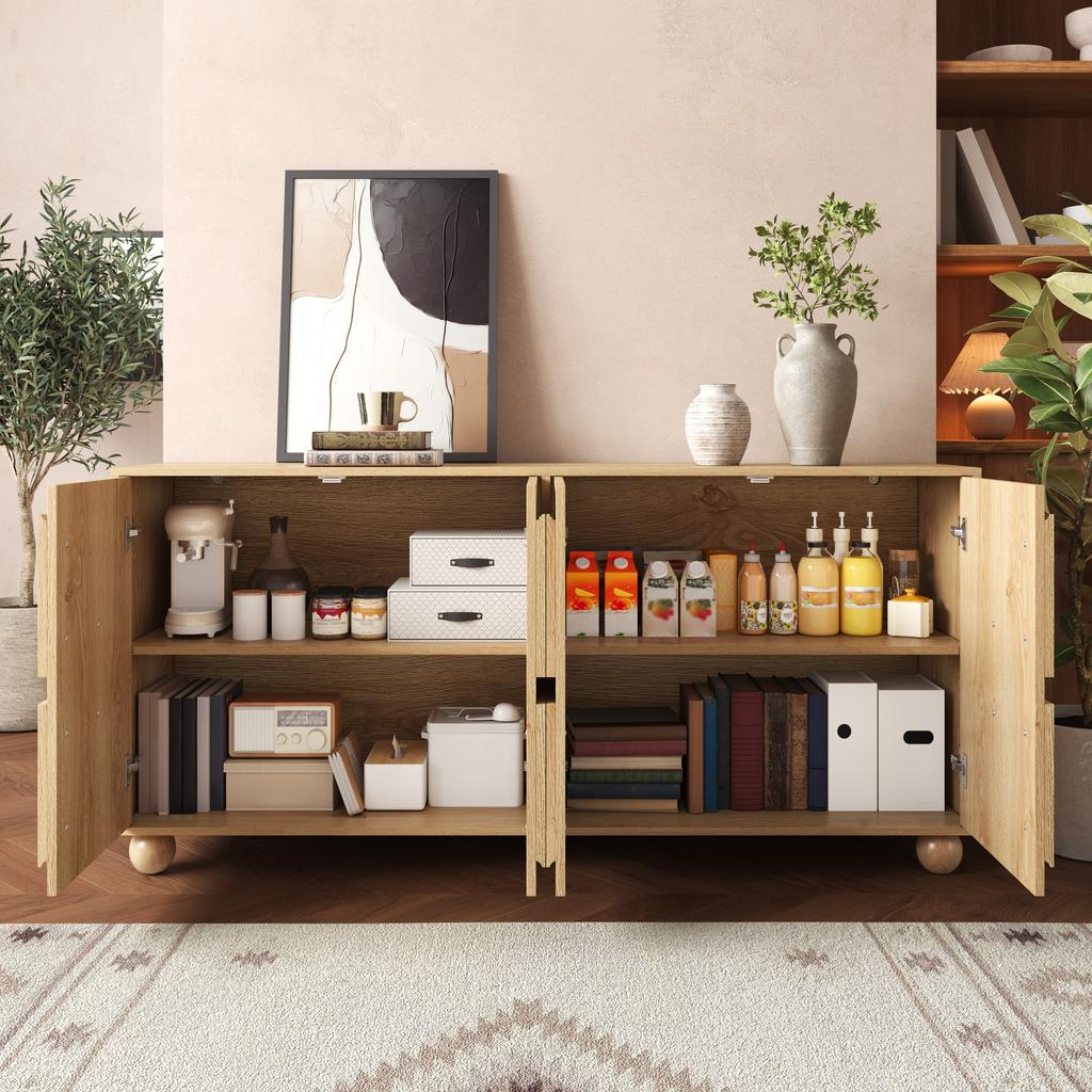 Credenza a Quattro Ante con Aspetto a Rilievo Circolare, Armadio contenitore con Ripiani Regolabili, Mobile da Corridoio Effetto Legno