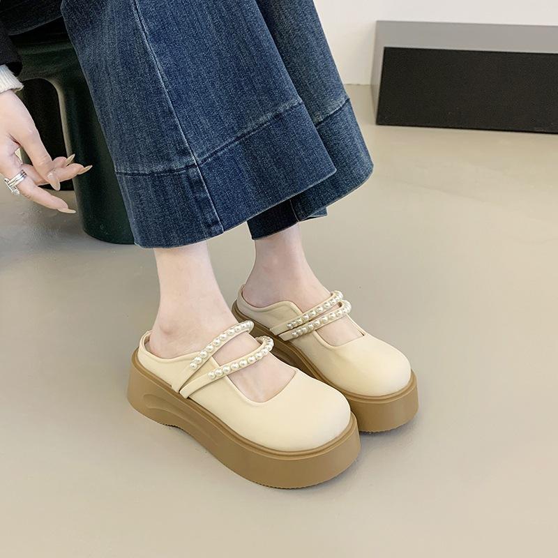 French Baotou Pearl Half Slippers Women Wear 2025 Summer New Fairy Wind Thick Bottom Mary Jane Cool Slippers
