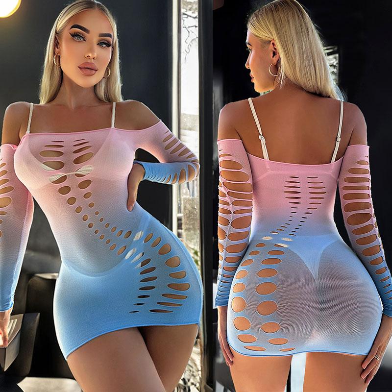Sexy Colored Gradient Style Bodysuit Women Sexy Lingerie Erotic Fishnet Bodystockings Lace Underwear Porn Outfit Club Dess