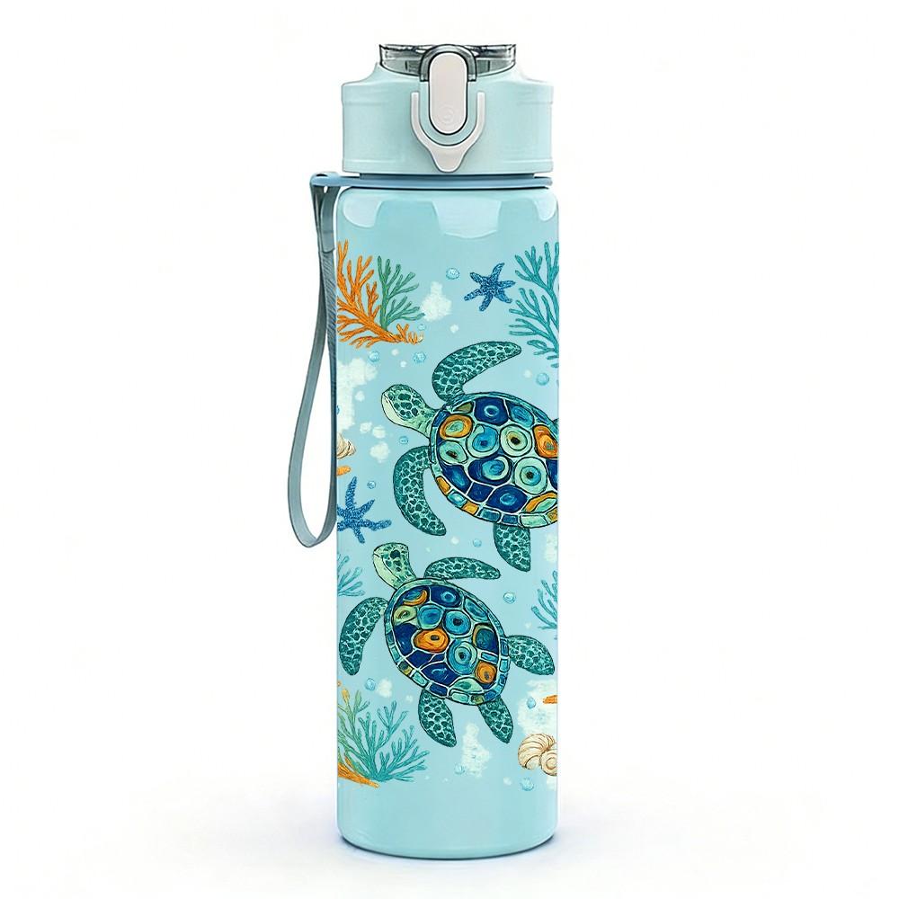 1PC Sea Turtle Underwater Ocean Pattern Print 750ml Color Plastic Sports Water Bottle Leakproof Flip Straw Lid Suitable for Sports Office Home Use