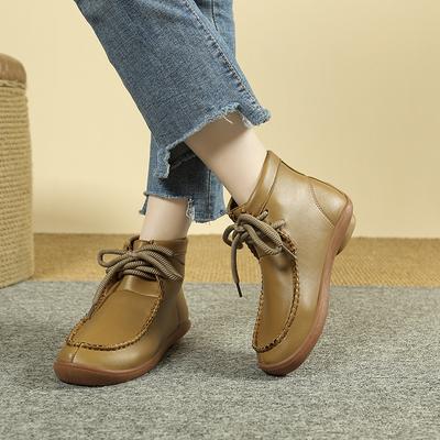 2024Women's Solid-color Flock Flat Boots Leisure Lace Up Soft Sole Shoes Boats Comfortable Lightweight Non Slip Ankle Boots