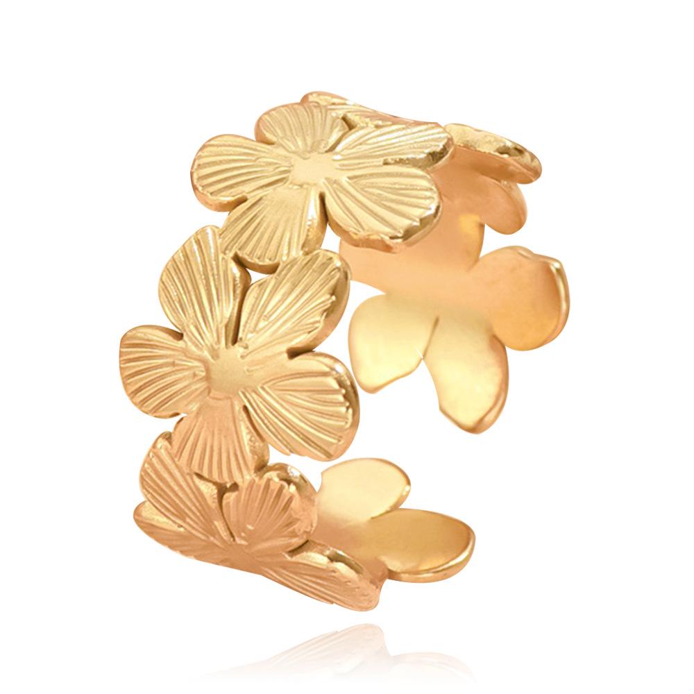 Adjustable Floral Gold-Plated Stainless Steel Ring - Fade Resistant, European & American Resort Style for Women