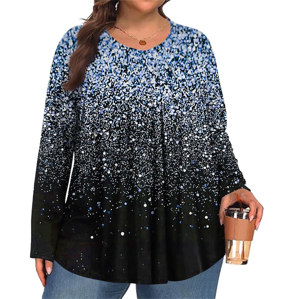 Women's Plus Size Fashion  Printed Casual Pleated Round Neck Long Sleeve Top