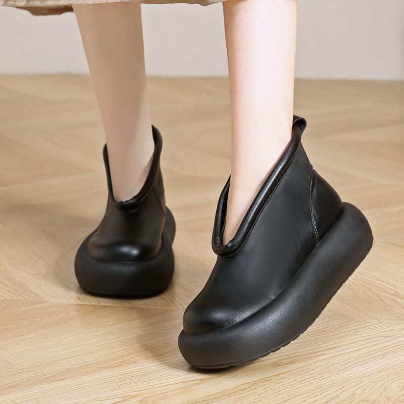 Fashion Round Toe Thick Sole Leather Casual Platform Women's Shoes Retro Top Cowhide Ankle Boots Pure Handmade Single Cool Boots