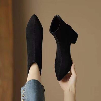 Short Boots Women's Thick Heel 2025 Autumn New Pointed High Heel Ankle Boots Black Velvet Frosted Leather Medium Heel Bare Boots