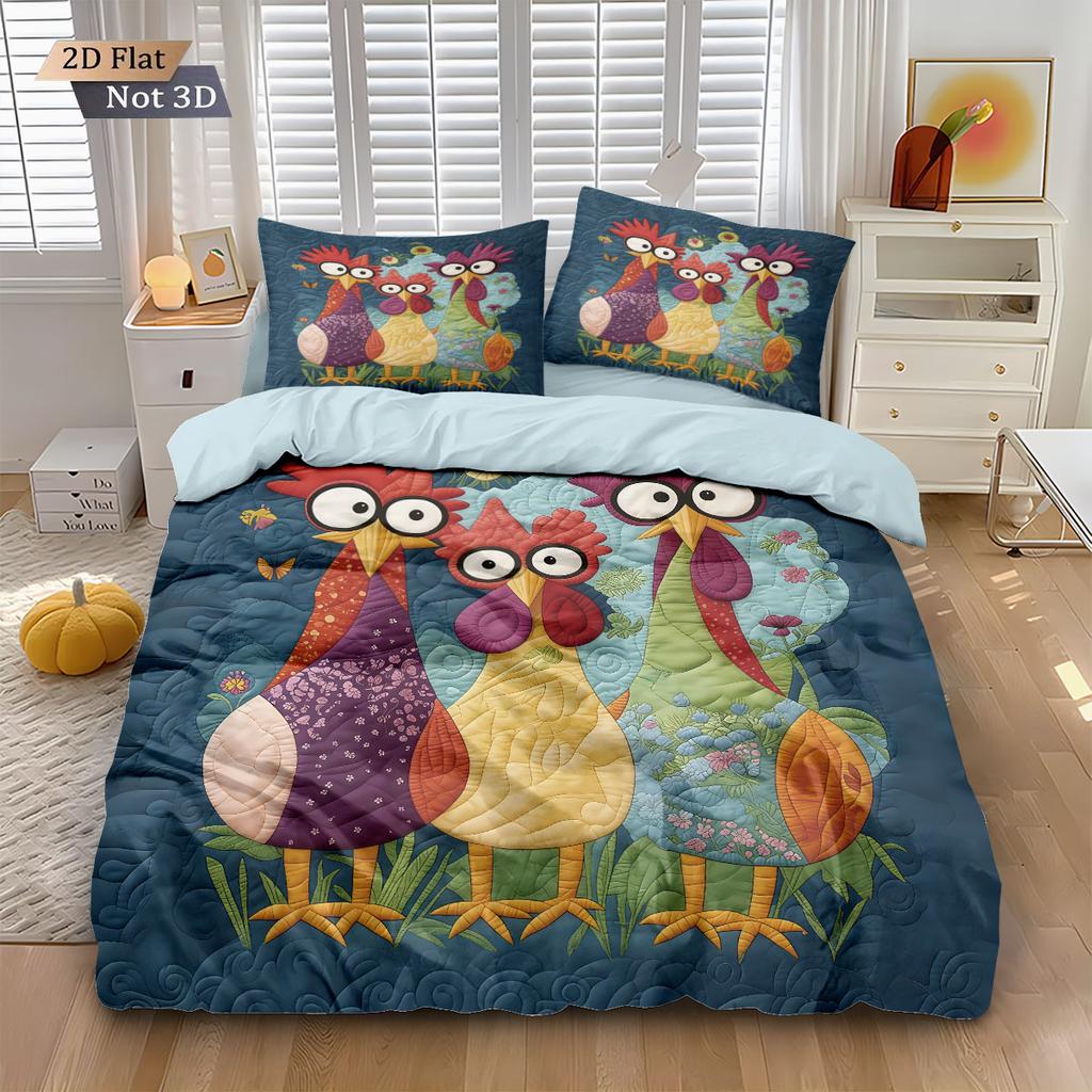 3pcs Cartoon Cute Chicken Print Coreless Down Duvet Cover Set Comfortable Bedroom Bedding Decoration Machine Washable