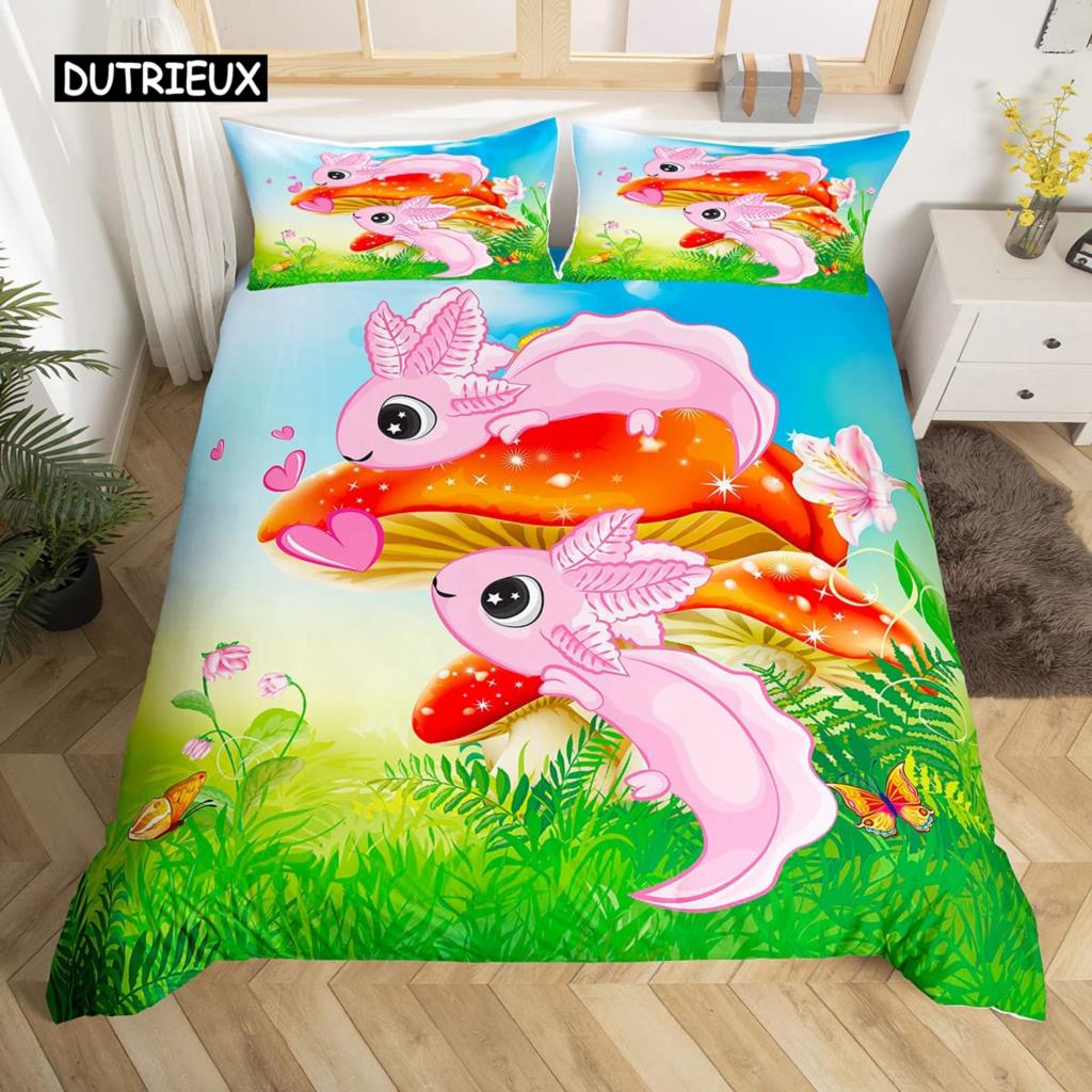 Axolotl-Tier, süßer Haustier-Bettbezug, Kissenbezug, 3-teiliges Bettdecken-Set mit Kissenbezug, Einzel- und Doppel-Bettbezug