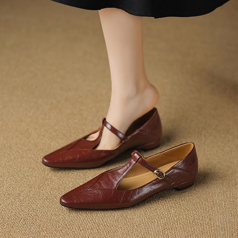 Fashion NEW Spring/Autumn Women Pumps Pointed Toe Low Heel Shoes Split Leather Shoes for Women Concise Shallow T-Strap Mary Janes Shoes