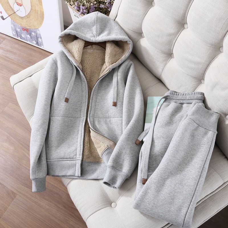 Plus Velvet Thickened Casual Chic Outfit Ladies's Fall and Winter Hooded Cardigan Jacket Sports Trousers Two-piece Outfit