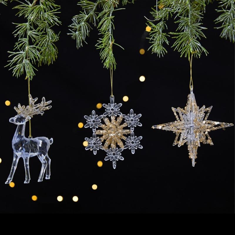 Clear Acrylic Deer Snowflake Christmas Tree Hanging Ornament with Sparkling Glitters Design for Festival Decors