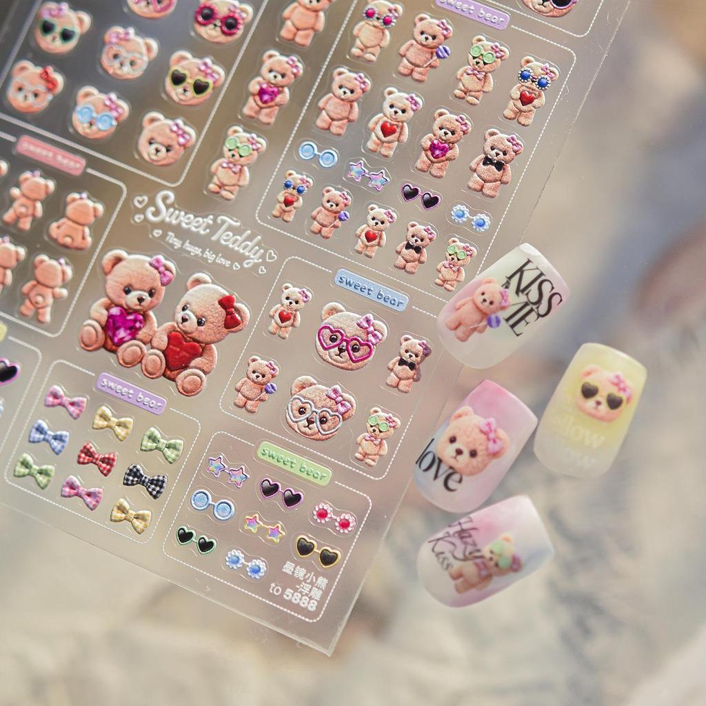 Tomoni Embossed Nail Art Stickers - Cute Bear & Sunglasses Design