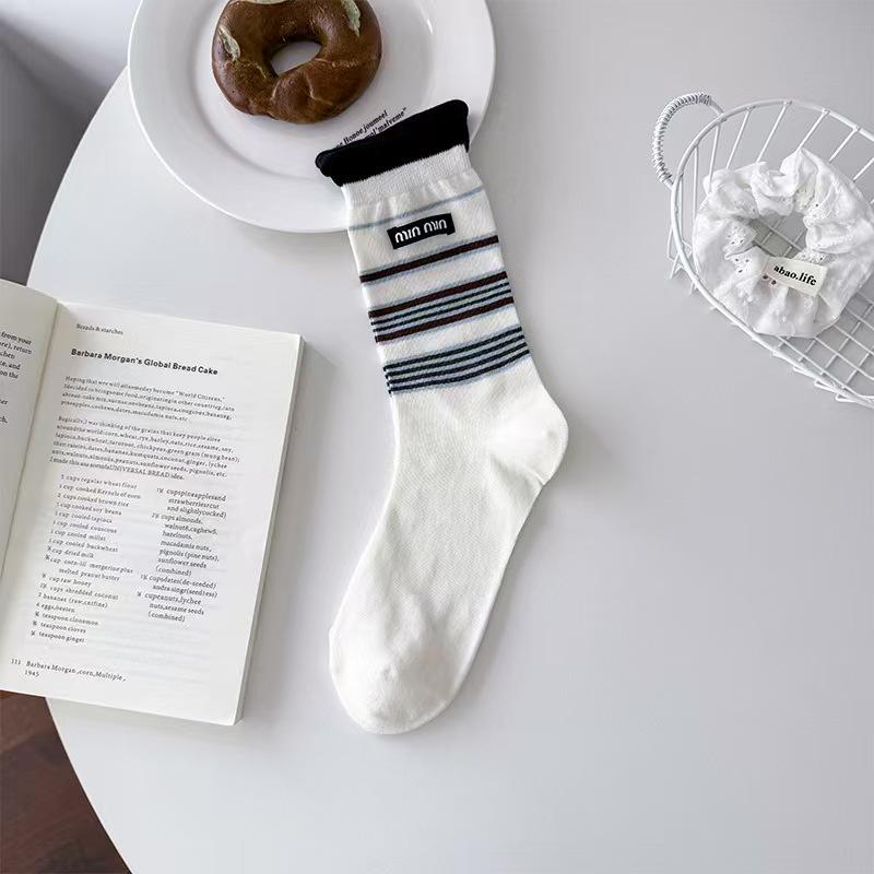 Women's Mid-Calf Striped Slouch Socks - Korean Style, Breathable Cotton for Spring & Autumn