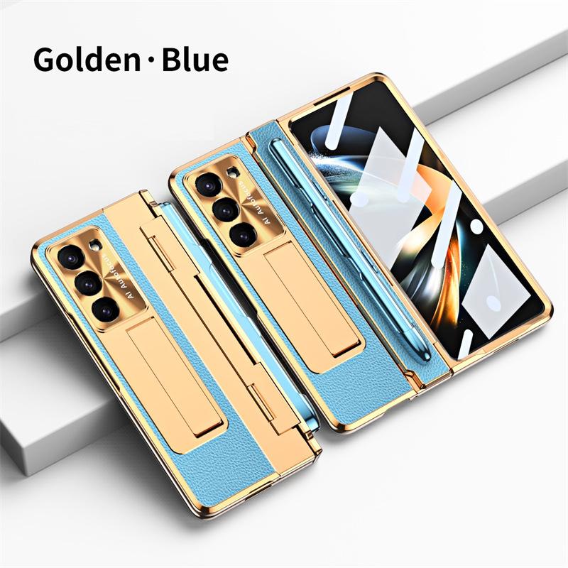 Full Protection Hinge Case for Samsung Galaxy Z Fold8 Ultra / 7 6 5 4 3 Plating PC+Leather Tempered Film Folding Kickstand Cover