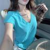 Dopamine V-neck Short-sleeved Front Shoulder Short-sleeved T-shirt Women's Summer Basic Slim-fitting Versatile Simple and Thin Bottoming Top