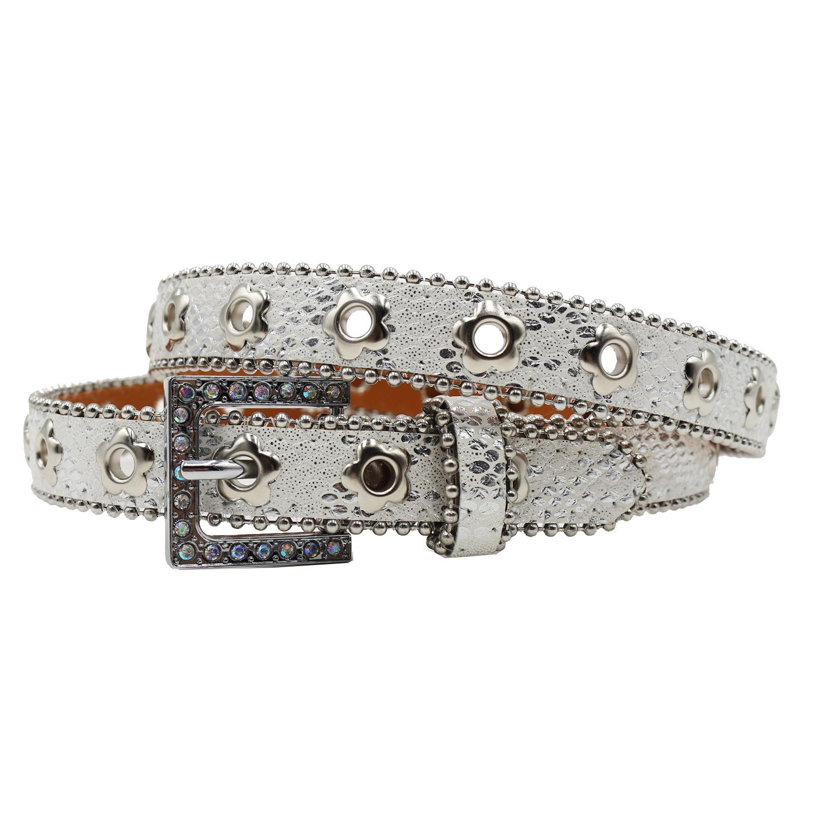 

High-End Rhinestone Flower Eyelet Women s Leather Belt with Pin Buckle - Fashion Waist Belt for Jeans & Skirts 105 cm