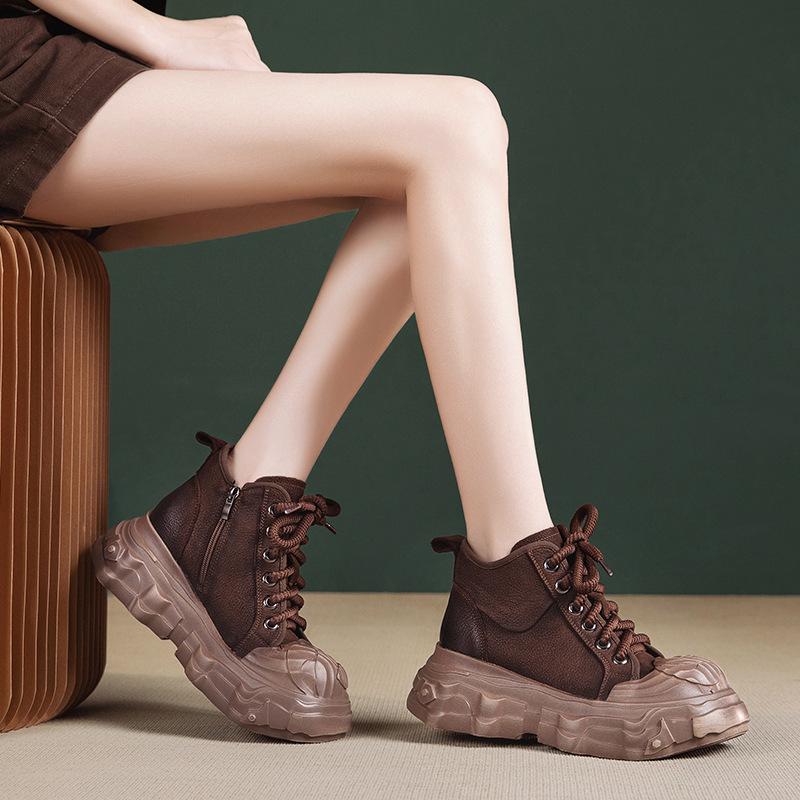 Women's Genuine Leather Thick-Soled Martin Boots - British Style Retro Brown Cowhide Short Boots for Autumn/Winter 2025