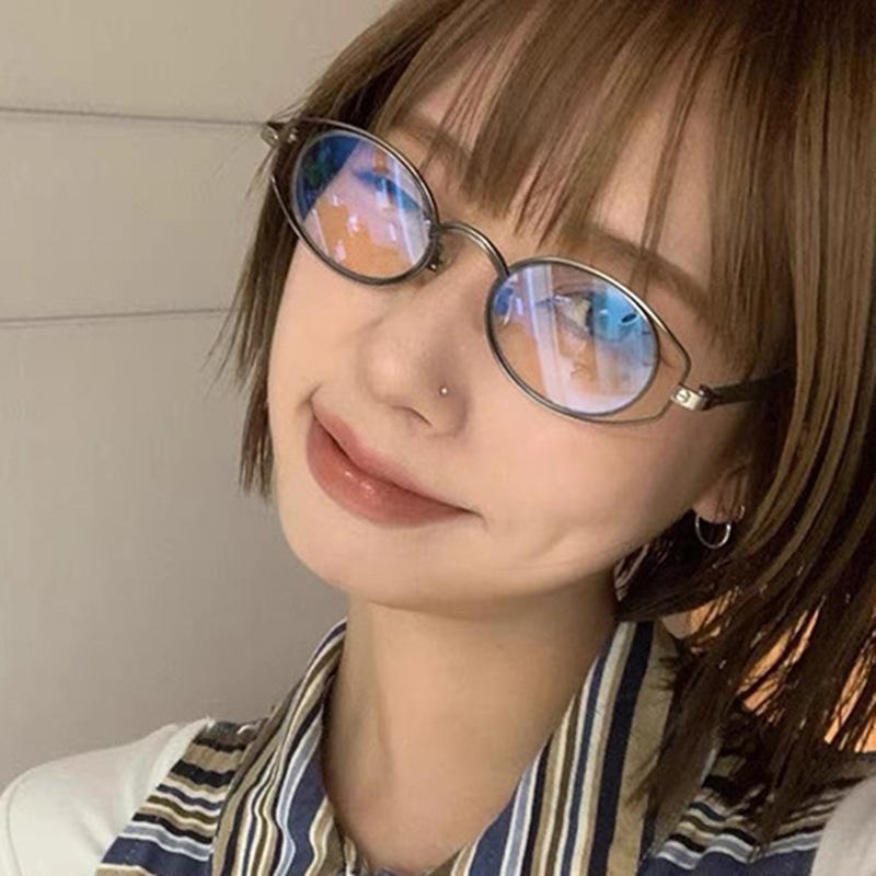 Double circle oval glasses frame women's high-end flat glasses fashionable and retro can be equipped with myopia anti-blue light eyes