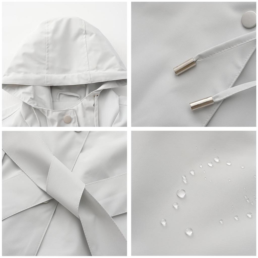 Płaszcz trenczowy damski z kapturem, wodoodporny, z paskiem – cienki, casualowy, o luźnym kroju, na wiosnę/jesień 2024