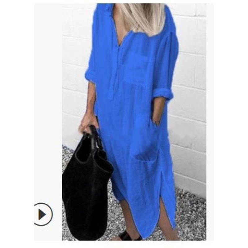 

2023 Элегантное платье с разрезом, Платье на пуговицах, Длинное платье на подкладке, Платье-рубашка с разрезом Color blue 2XL