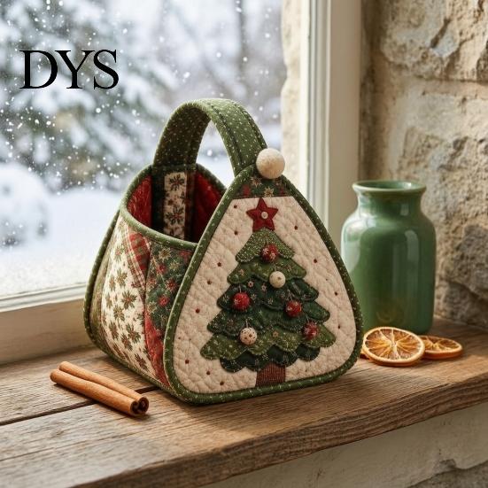Holiday Decorative Tote DIY Quilted Christmas Basket Kit, Character Plaid Fabric Carry Tabletop Ornament Holder Craft Set, Storage Sewing Project,