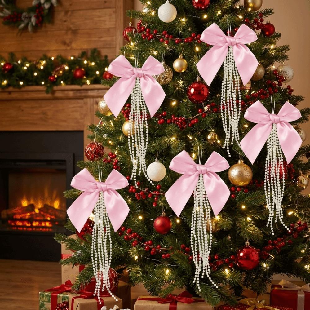 DIY Bowknot Pearl Hanging Pendant Ribbon Christmas Tree Topper  New Year Gift