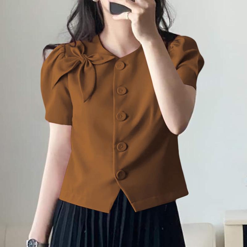 

VONDA Женская повседневная Свободная блузка с круглым вырезом и коротким рукавом, сплошной цвет 5XL хаки