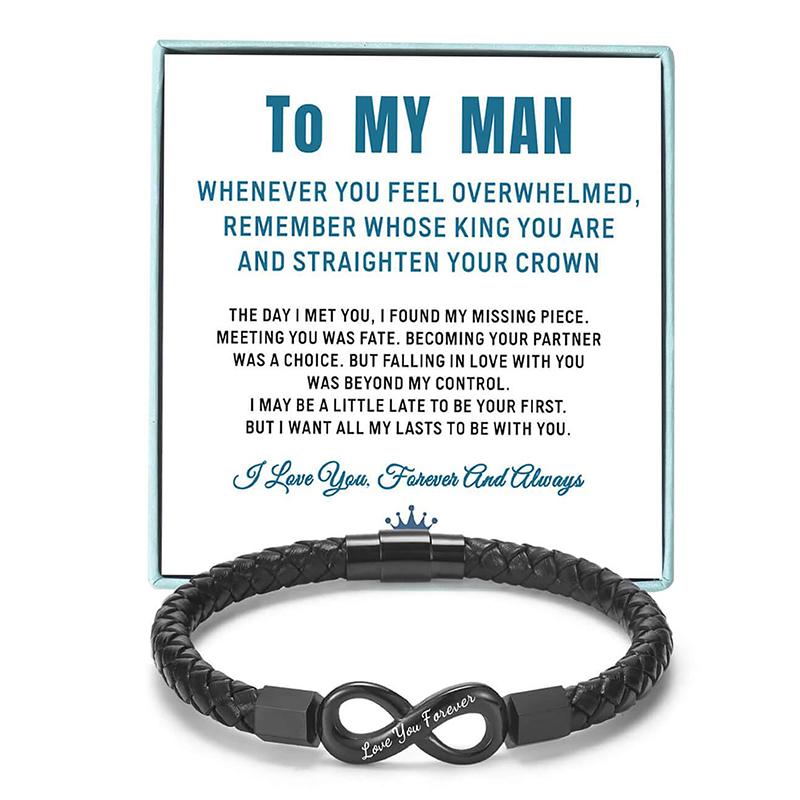 Gift For Men Infinity Bracelet Braided Leather Forever Linked Together Stainless Steel Engraved With Love You Forever Jewelry