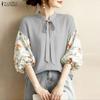 ZANZEA Women Casual V-Neck Floral Print Splice 3/4 Sleeve Blouse