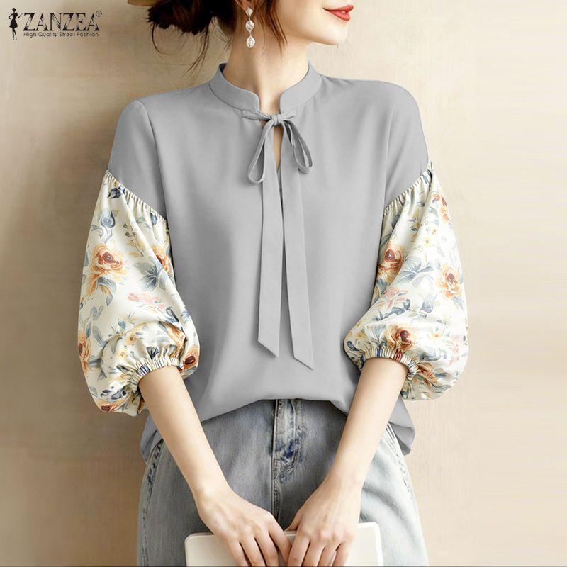 ZANZEA Women Casual V-Neck Floral Print Splice 3/4 Sleeve Blouse