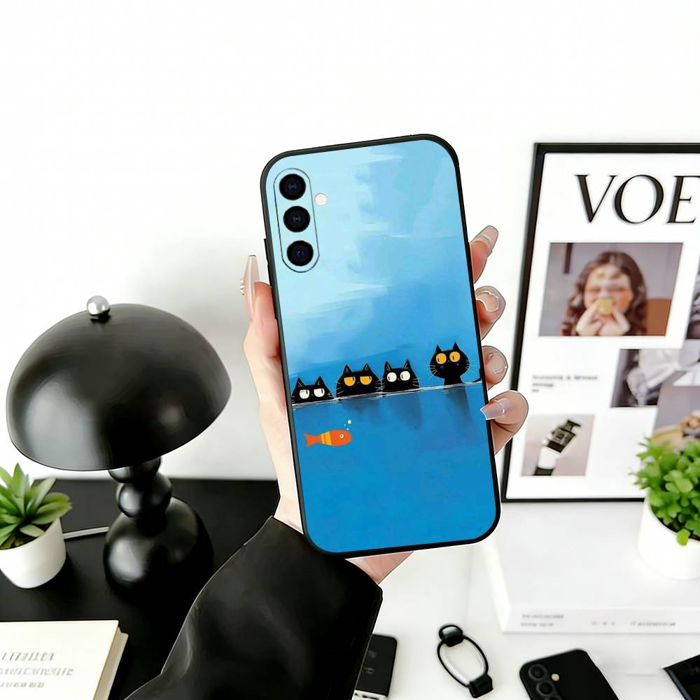 Cute Black Cat Illustration Phone Case For Samsung Galaxy A73,A72,A71,A70,A53,A52,A51,Soft Silicone Black Cover