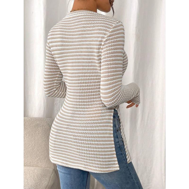 Damenmode Lässig Frühling Herbst Streifendruck Langarm O-Ausschnitt Blusen & Hemden