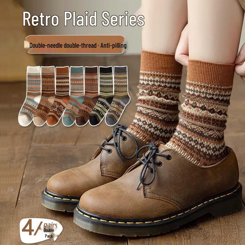 Yuzhaolin Women s Mid-Tube Ethnic Style Cotton Socks (4 Pairs) One Size