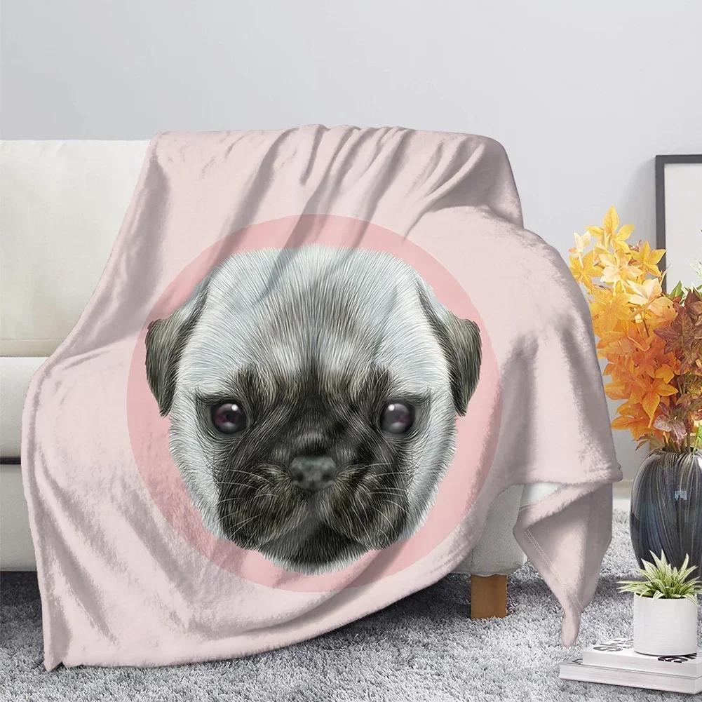 Flannel Blanket Cute Animal Pug Dog Soft Warm Fall Sofa Fleece Throw S for Bed  Couch  King Size Lightweight