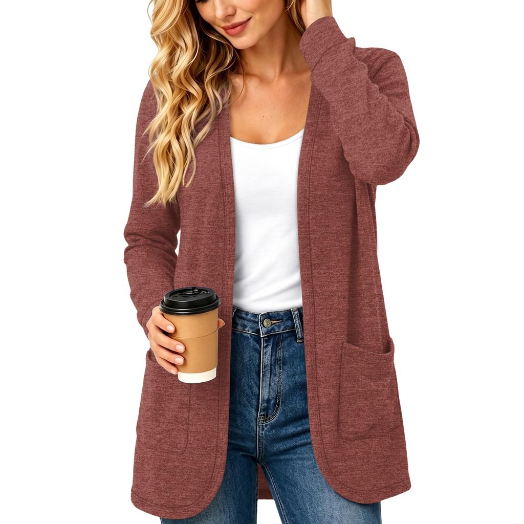 Women's Cardigan Color Long Sleeve with Pockets for Casual Wear