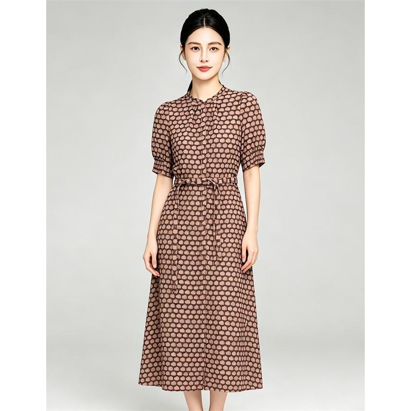 Round Neck Waist Cinched Long Dress